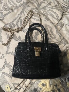 Source Unknown Black Croc-Embossed Satchel with Gold Hardware